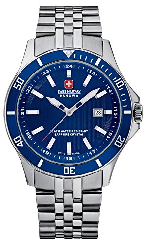 Swiss Military Flagship Men's Quartz Watch with Blue Dial Analogue Display and Silver Stainless Steel Bracelet 6-5161.7.04.003