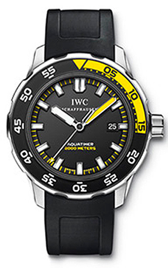 IWC IW3548-05. The NEW Aquatimer Automatic with a Uni-Directional Turning Bezel located beneath the crystal, the bezel is operated by the additional crown located at the 4 o'clock position. White Luminous Hands & Hour Markers. Power Reserve of 42 hours. IWC Patented Bracelet can be easily sized - no special tool or screwdrivers necessary. This watch is also known as IW354805, 354805, 3548-05; Water Resistant 1000m/3300ft; Case Diameter 42mm; Case Thickness 12.8mm; Warranty Prestige Time 2 Year Warranty IWC IW372304. From the NEW Aquatimer Collection - This IWC Aquatimer Split Minute Chronograph Mens Titanium Black Dial Automatic IW372304 watch features: A revolutionary new Split- Minute feture controlled by the lever/switch on the left side of the watch, Date window at the 6 o'clock position, Stop watch functions & a Uni-Directional Turning Bezel located beneath the crystal, the bezel is operated by the lower crown located at the 4 o'clock position (this crown also doubles as the Chronograph Reset button). Yellow Luminous Hands & Hour Markers. Power Reserve of 44 hours. This watch is also known as IW372304, 372304, 3723-04 IWC IW372301.From the NEW Aquatimer Collection - This IWC Aquatimer Split Minute Chronograph watch features: A revolutionary new Split- Minute feture controlled by the lever/switch on the left side of the watch, Date window at the 6 o'clock position, Stop watch functions & a Uni-Directional Turning Bezel located beneath the crystal, the bezel is operated by the lower crown located at the 4 o'clock position (this crown also doubles as the Chronograph Reset button). Yellow Luminous Hands & Hour Markers. Power Reserve of 44 hours. IWC Patented Bracelet can be easily sized - no special tool or screwdrivers necessary.