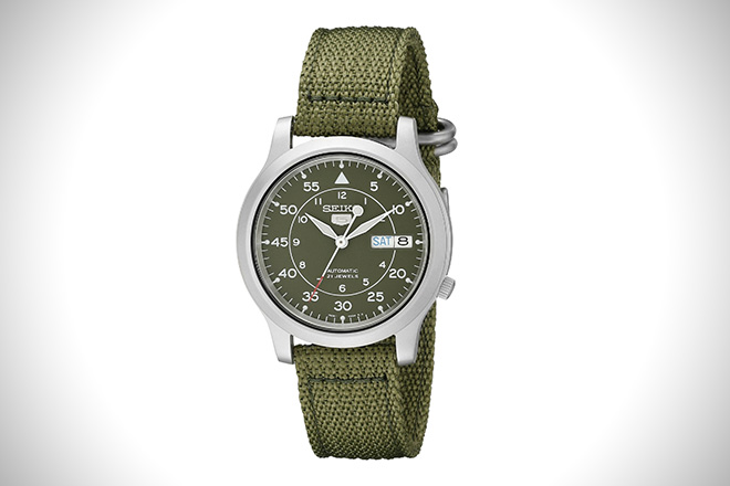 Seiko SNK805 Automatic Stainless Steel Watch Green Canvas Strap